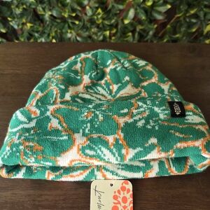 NWT FP Free People Movement Green Floral Beanie Orange White Cozy Winter Hat
